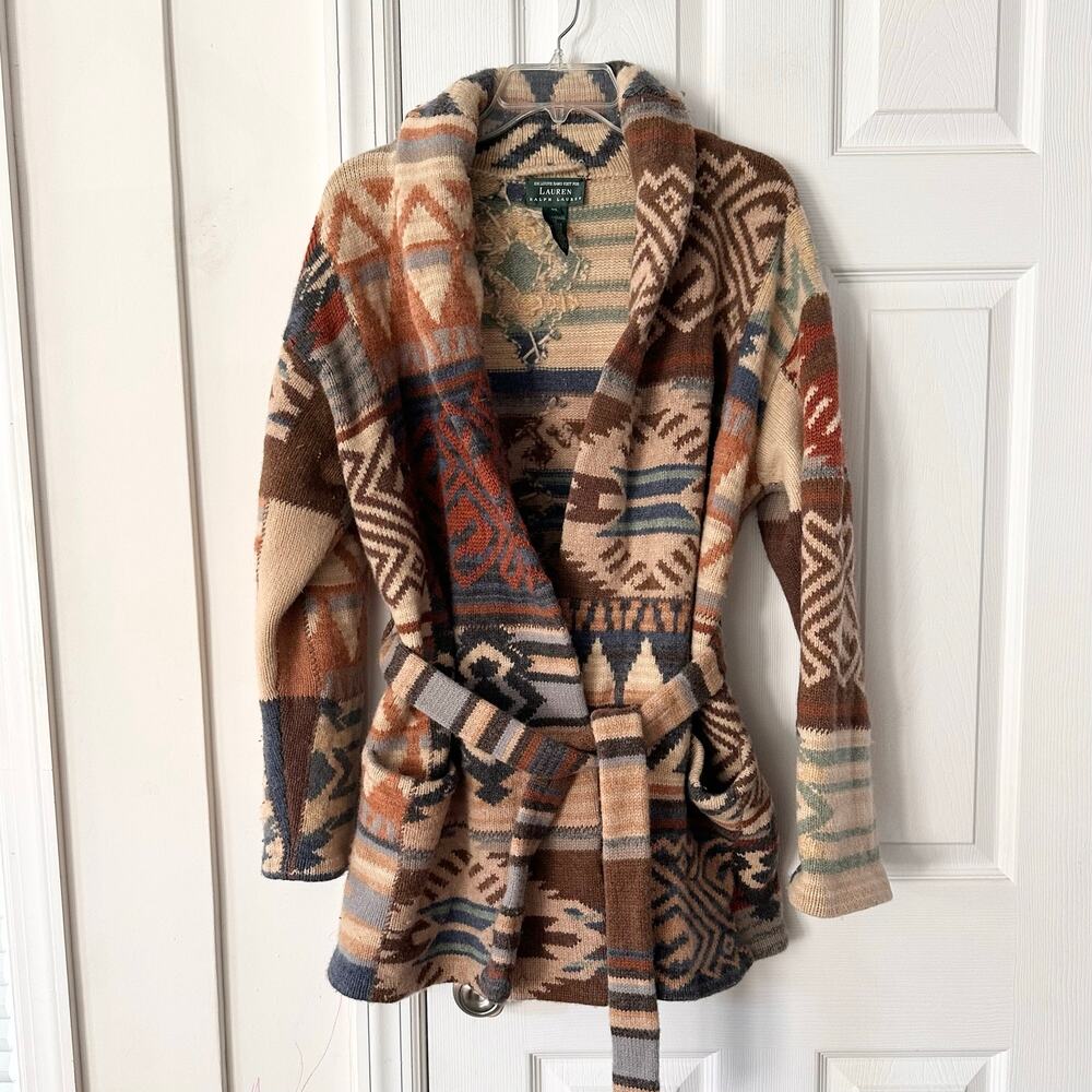 Ralph Lauren Hand Knit Vintage Angora Wool Southwestern Aztec Tie Sweater XL